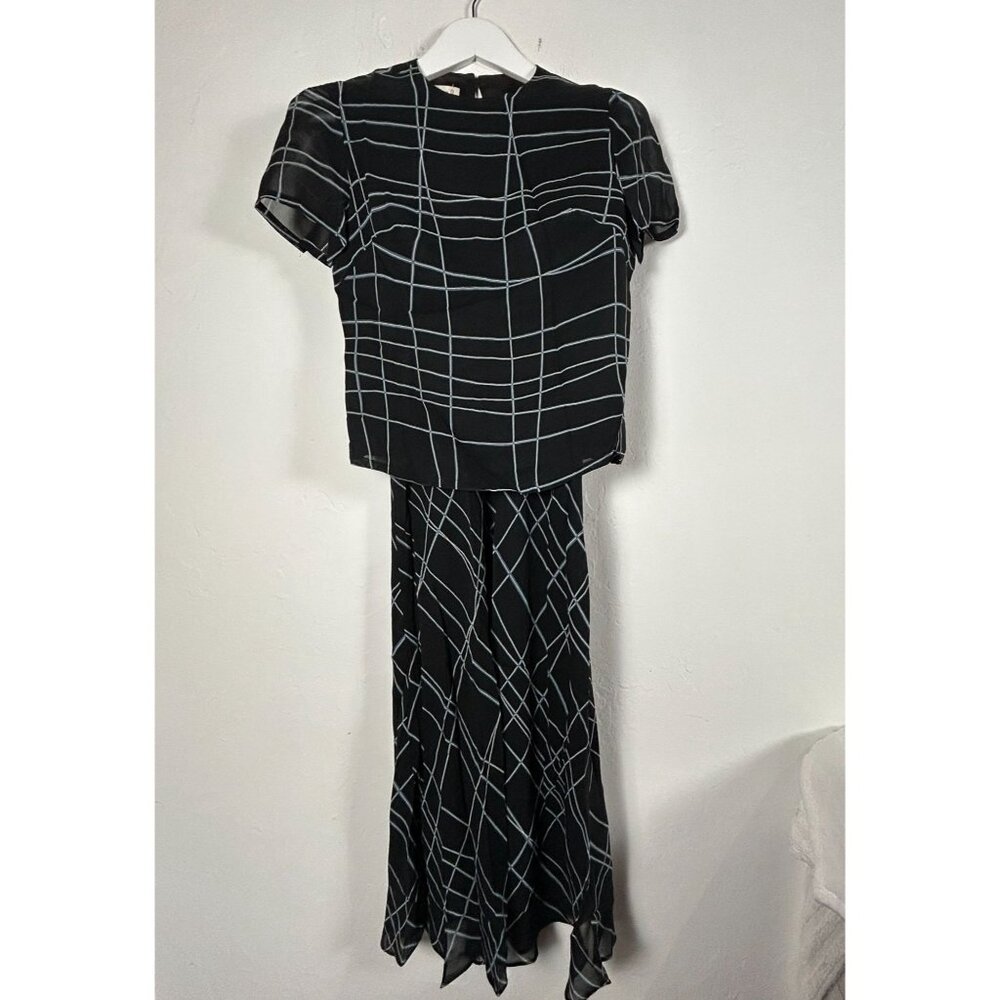 Braemar Petites Womens Black White Plaid Blouse Maxi Skirt Set Size 2 Career